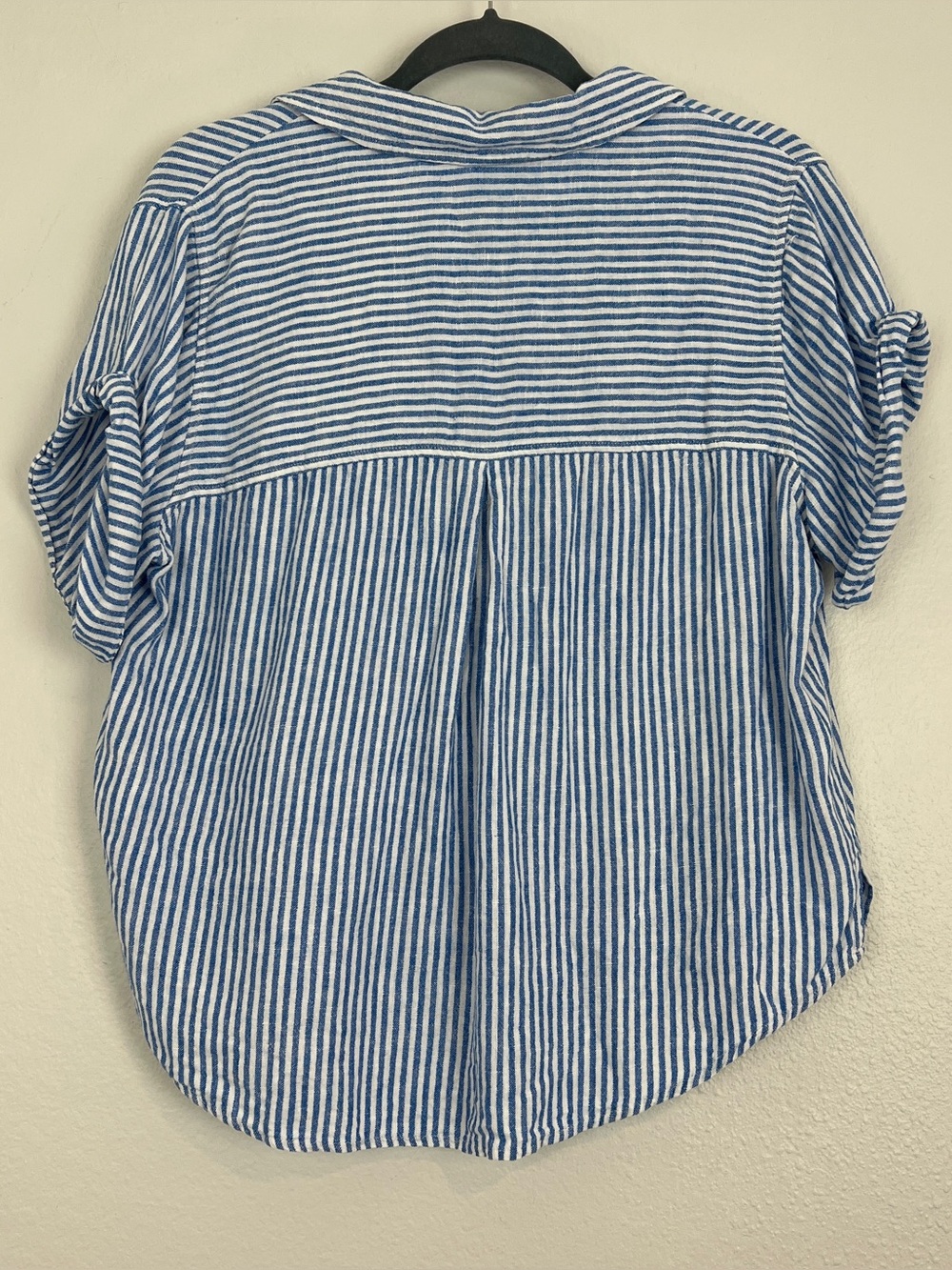 Linen Cotton Euro Summer Nautical Beach Blue White Striped Short Sleeve Blouse M - Picture 6 of 6